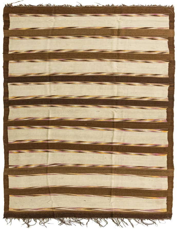 A 14 ft Kilim Fars runner rug with alternating wide stripes of ivory and dark brown, accented with thin tribal patterns in purple and yellow.