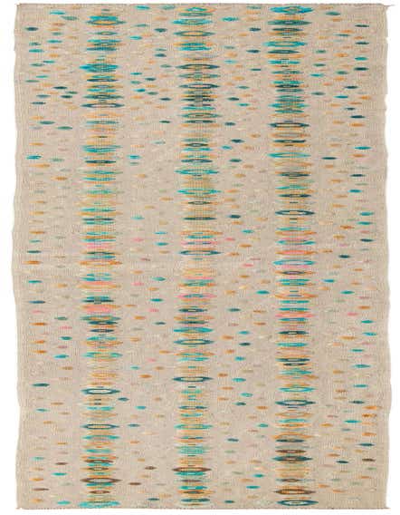 A 13 ft runner rug with an ivory background, featuring vertical stripes of colorful abstract tribal patterns in teal, orange, pink, and brown.