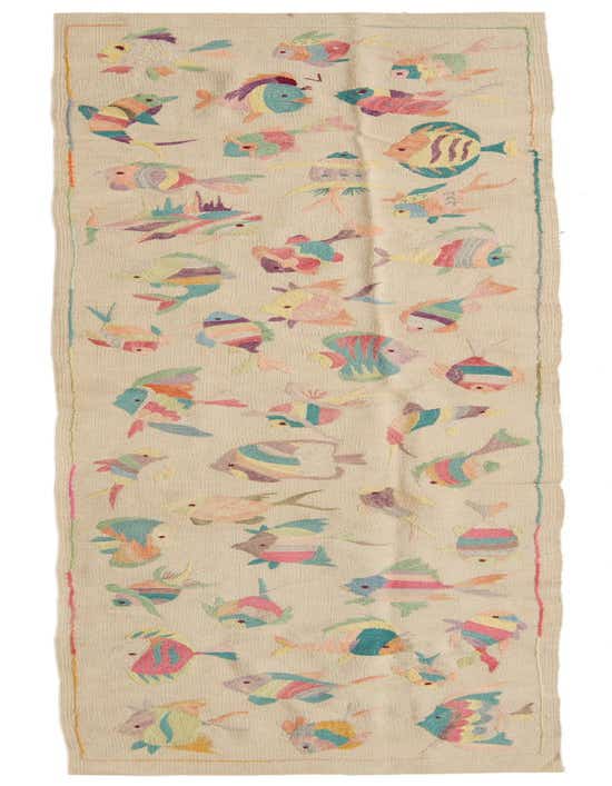 A 10 ft runner rug with an ivory background and colorful embroidered fish patterns, perfect for a hallway.