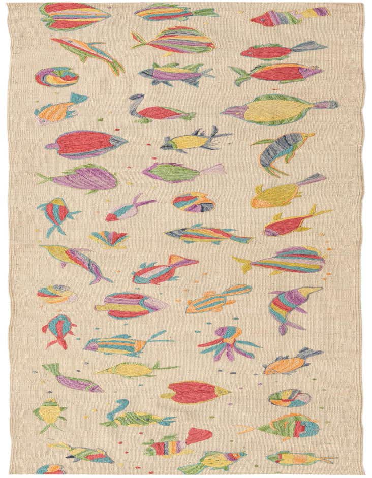 An 8 ft runner rug with a cream background, featuring an array of colorful, abstract fish and sea creatures in red, blue, green, yellow, and purple, perfect for a hallway or kitchen.