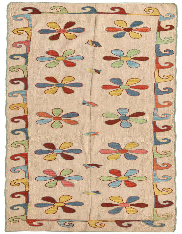 A 9 ft runner rug featuring a cream background with colorful floral and abstract tribal patterns, ideal for a hallway.