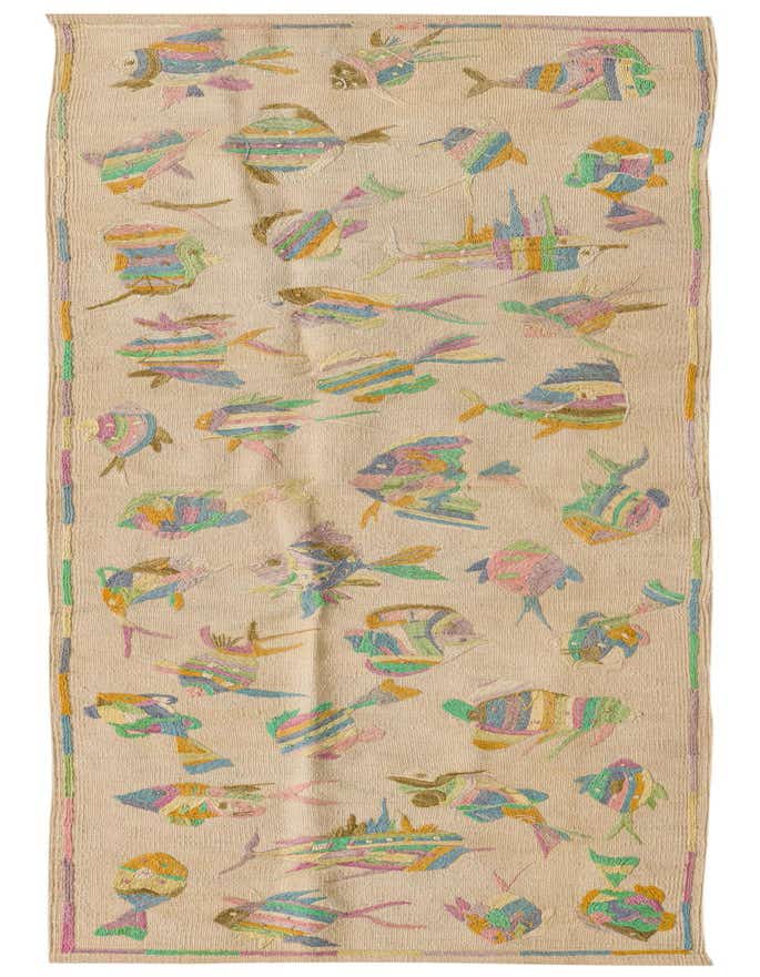 An 8 ft Kilim Suzani runner rug with a cream background and colorful, abstract fish patterns, perfect for a hallway or kitchen.