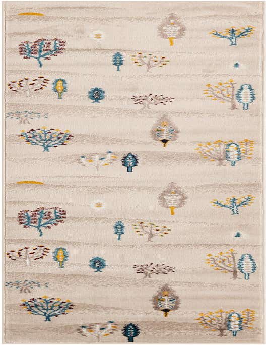 A 10 ft runner rug with a cream background and a tribal pattern of colorful trees and abstract shapes in blues, yellows, and browns.