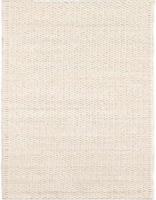 An 8 ft runner rug in a solid ivory and cream color, featuring a thick, textured, hand-braided New Zealand wool pile, ideal for a hallway.