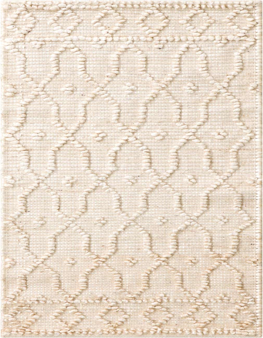 A 4 ft runner rug from the Larsa Jute collection, featuring an ivory modern trellis pattern with a textured, high pile on a flatweave base.
