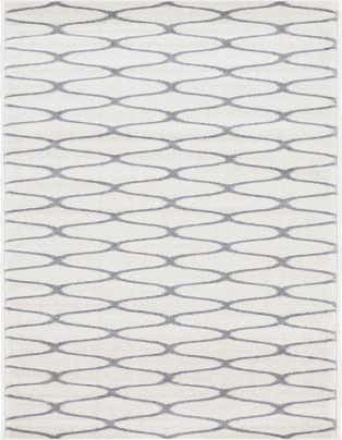 A long 20 ft runner rug featuring a modern ivory and gray lattice pattern, ideal for a hallway.