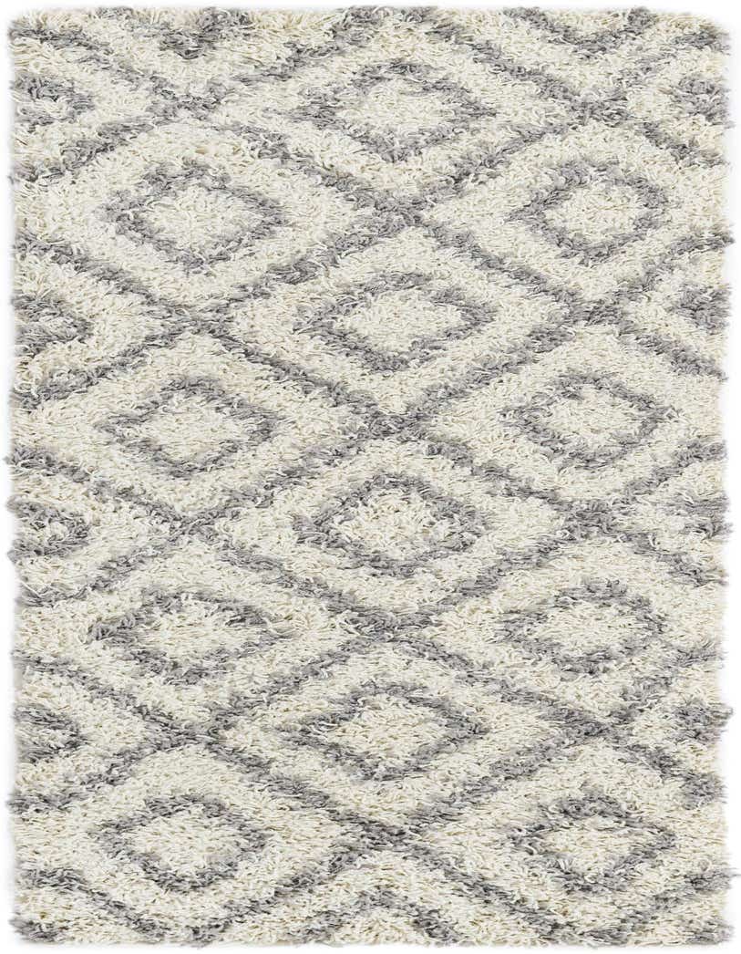 A 5 ft runner rug with a high/low textured pile, featuring a modern geometric lattice pattern in ivory and gray.