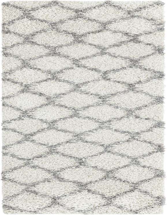 A 10 ft runner rug featuring a textured high-low pile in ivory and cream with a modern gray trellis pattern, ideal for a hallway.