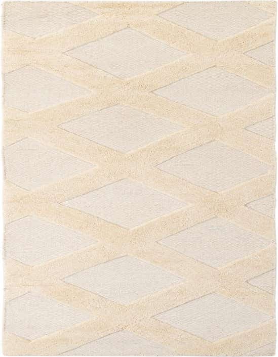 A 10 ft runner rug in ivory and cream, featuring a geometric diamond lattice pattern with varying textures.