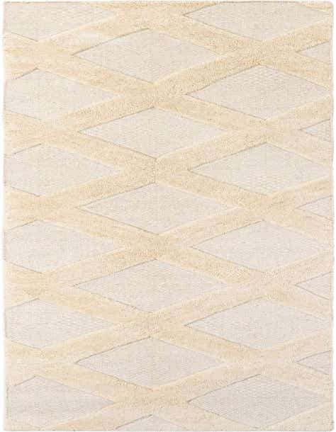 A 12 ft ivory and cream wool runner rug with a modern high-low diamond lattice pattern, perfect for a hallway.