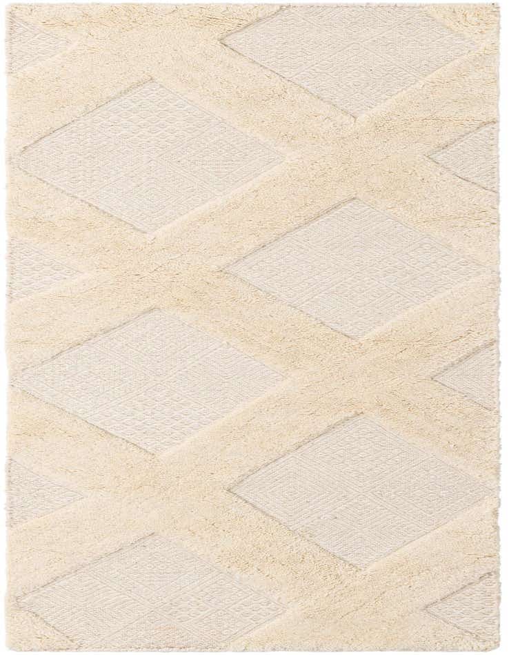 A 6 ft runner rug in ivory and cream with a modern geometric diamond pattern, suitable for a hallway or kitchen.