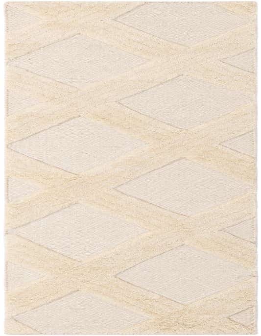 An 8 ft runner rug in ivory and cream, featuring a modern geometric lattice pattern with varying textures, ideal for a hallway.