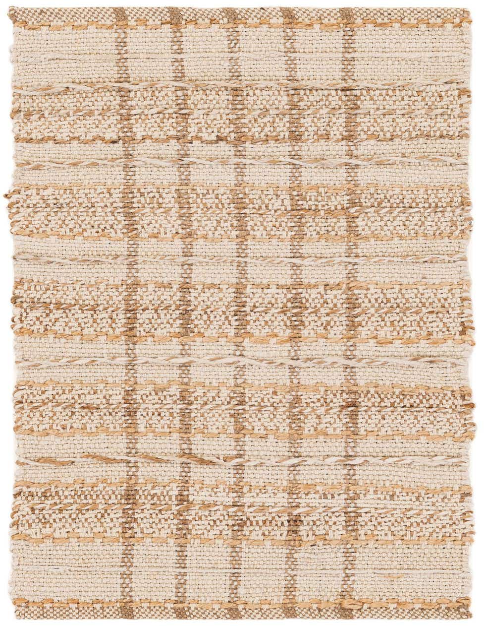A 4 ft runner rug featuring a modern plaid pattern in natural ivory and cream jute and cotton, ideal for hallways.
