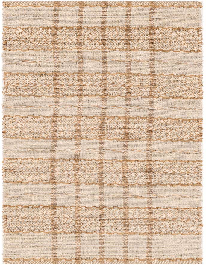 A 6 ft runner rug with a modern plaid pattern in natural ivory and cream jute and cotton, perfect for a hallway.