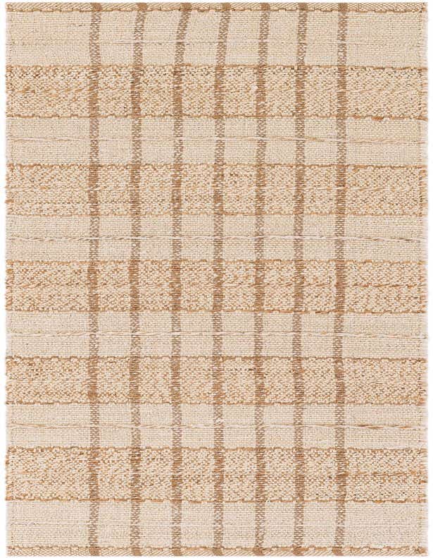An 8 ft runner rug with a modern abstract pattern in ivory and natural jute, featuring textured stripes.