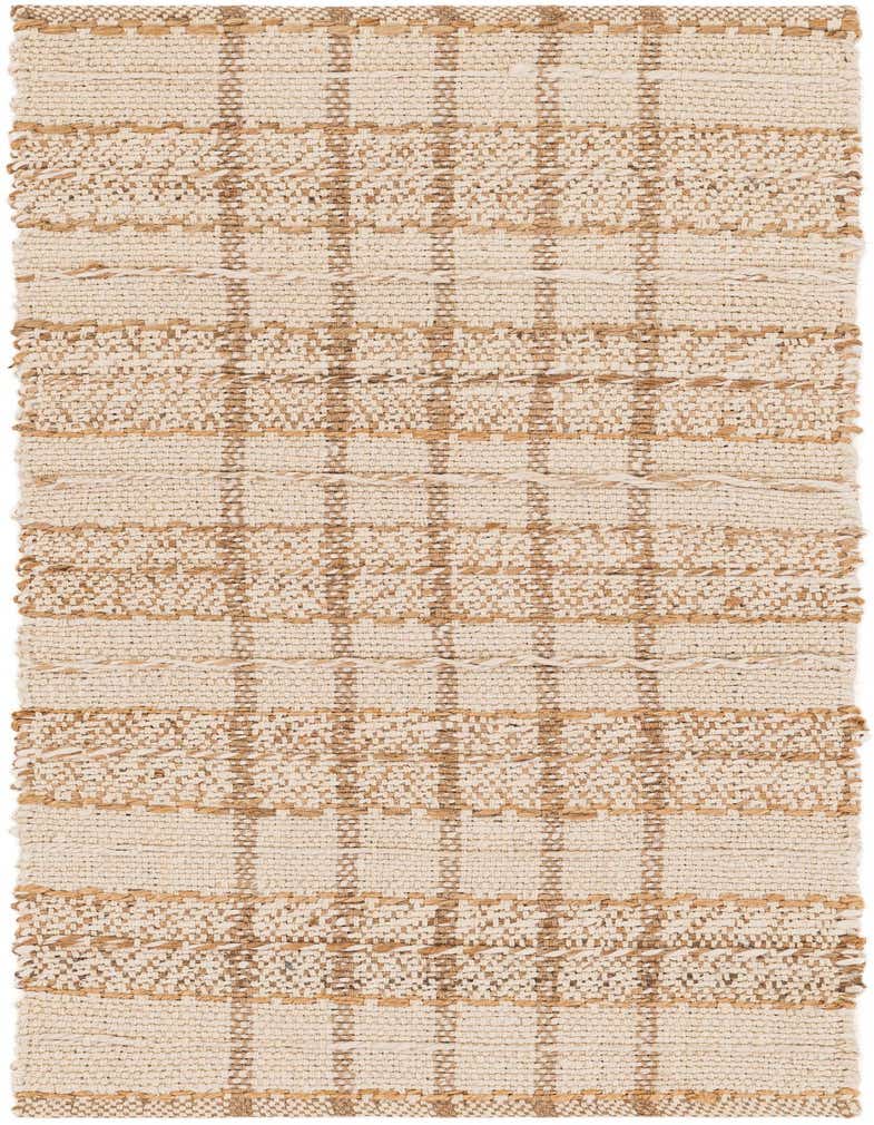 A 5 ft runner rug, Laurel Handwoven Jute, featuring a modern plaid pattern in ivory and natural jute tones.