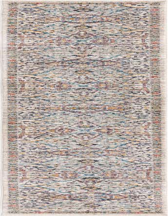 A 13 ft runner rug with a distressed traditional tribal pattern in ivory, cream, and white, accented with blue, gold, and red hues.