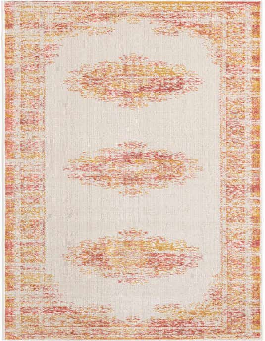 A 10 ft runner rug in ivory with distressed orange and yellow medallion patterns and a matching border, ideal for a hallway.