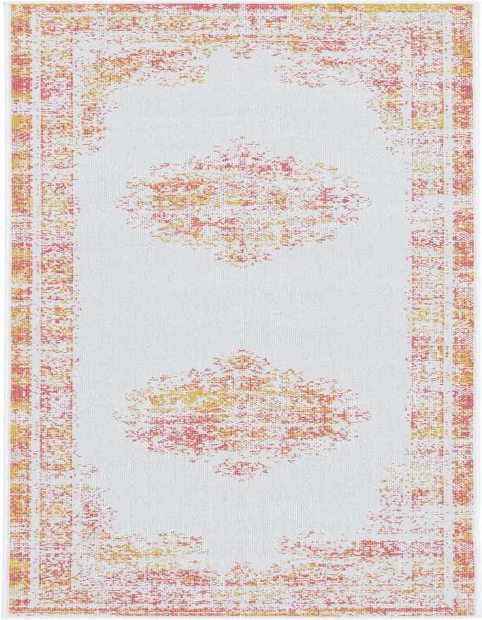 A 6 ft runner rug with an ivory and white base, featuring a distressed bohemian medallion pattern in shades of red and orange.