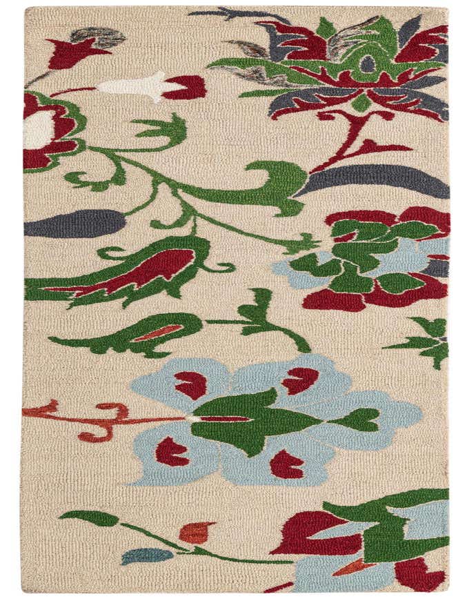 An 8 ft ivory runner rug with a modern floral pattern in red, green, blue, and grey, perfect for a hallway.