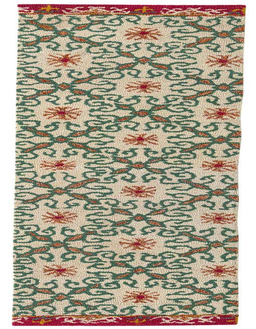 A 10 ft runner rug with an ivory background, featuring a modern pattern of green swirls and orange floral accents, bordered by a rich red.