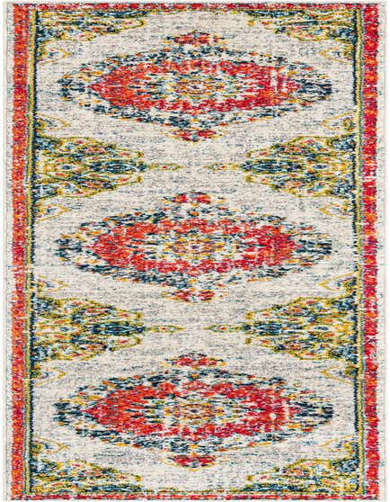 A 12 ft runner rug with a distressed traditional medallion pattern in ivory, cream, red, blue, and yellow, perfect for a hallway.