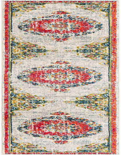 A 13 ft runner rug with a distressed traditional medallion pattern in ivory, cream, red, blue, and yellow, perfect for a hallway.