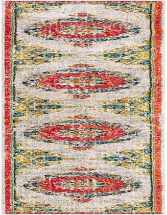 A 16 ft runner rug from the Madeline collection, featuring a distressed ivory background with vibrant red, blue, and yellow traditional medallion patterns, ideal for a hallway.
