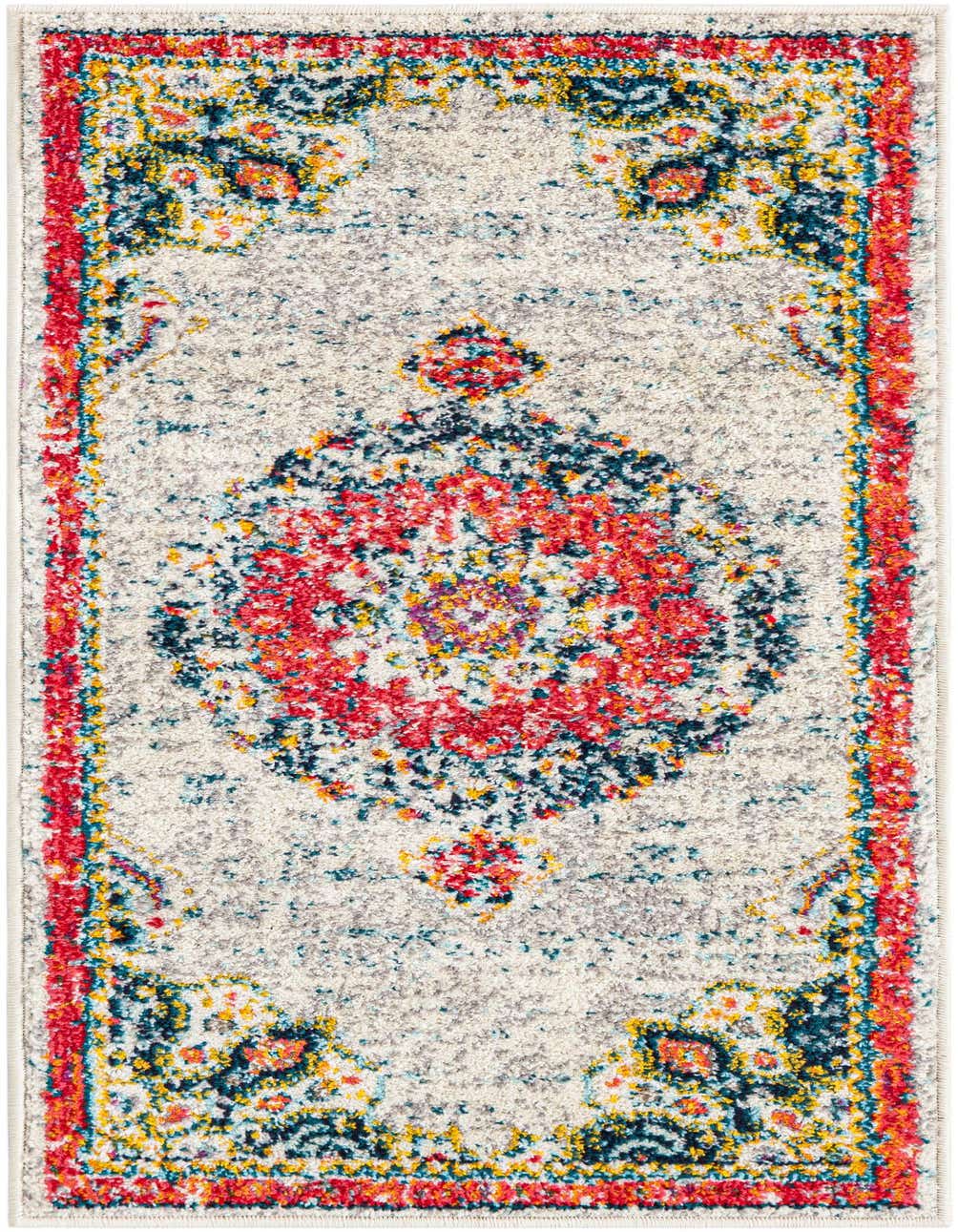 A 4 ft runner rug in ivory with a vibrant red, blue, and yellow traditional medallion pattern, ideal for a hallway.