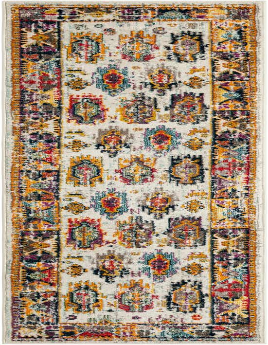 A 10 ft runner rug with an ivory and cream base, featuring a distressed, multi-color abstract pattern with shades of gold, teal, red, and purple.
