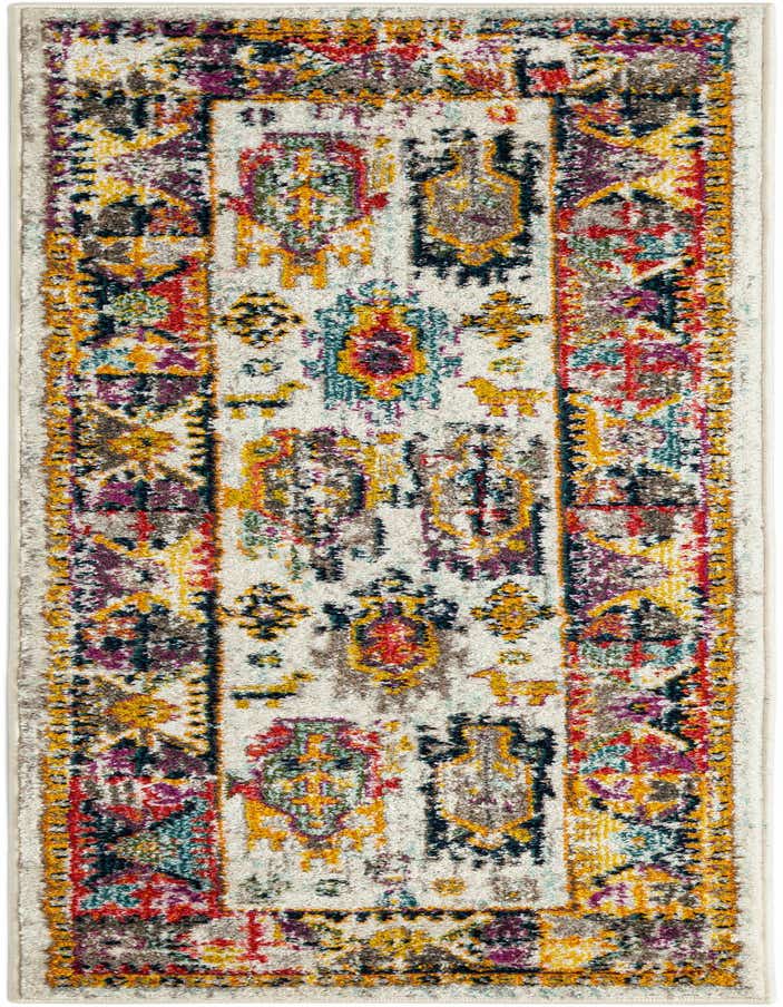A 6 ft runner rug with a distressed ivory background and vibrant, multicolored abstract patterns in red, yellow, purple, and teal.