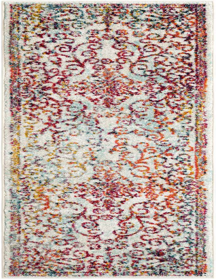 A 6 ft runner rug with an ivory and cream base, featuring a distressed, colorful pattern in reds, oranges, yellows, and blues, suitable for a hallway or kitchen.