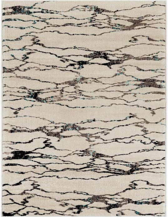A 10 ft runner rug with an abstract modern pattern in ivory, black, brown, and teal, ideal for hallways.