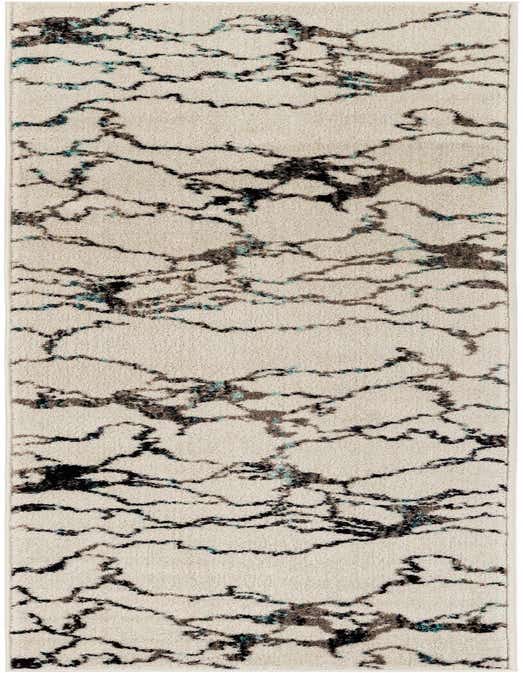 An 8 ft runner rug with an ivory base and abstract, wavy lines in black, brown, and teal, ideal for a hallway or kitchen.