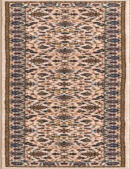 A 10 ft Medina runner rug in ivory and cream with a traditional floral pattern and a dark border, ideal for a hallway.