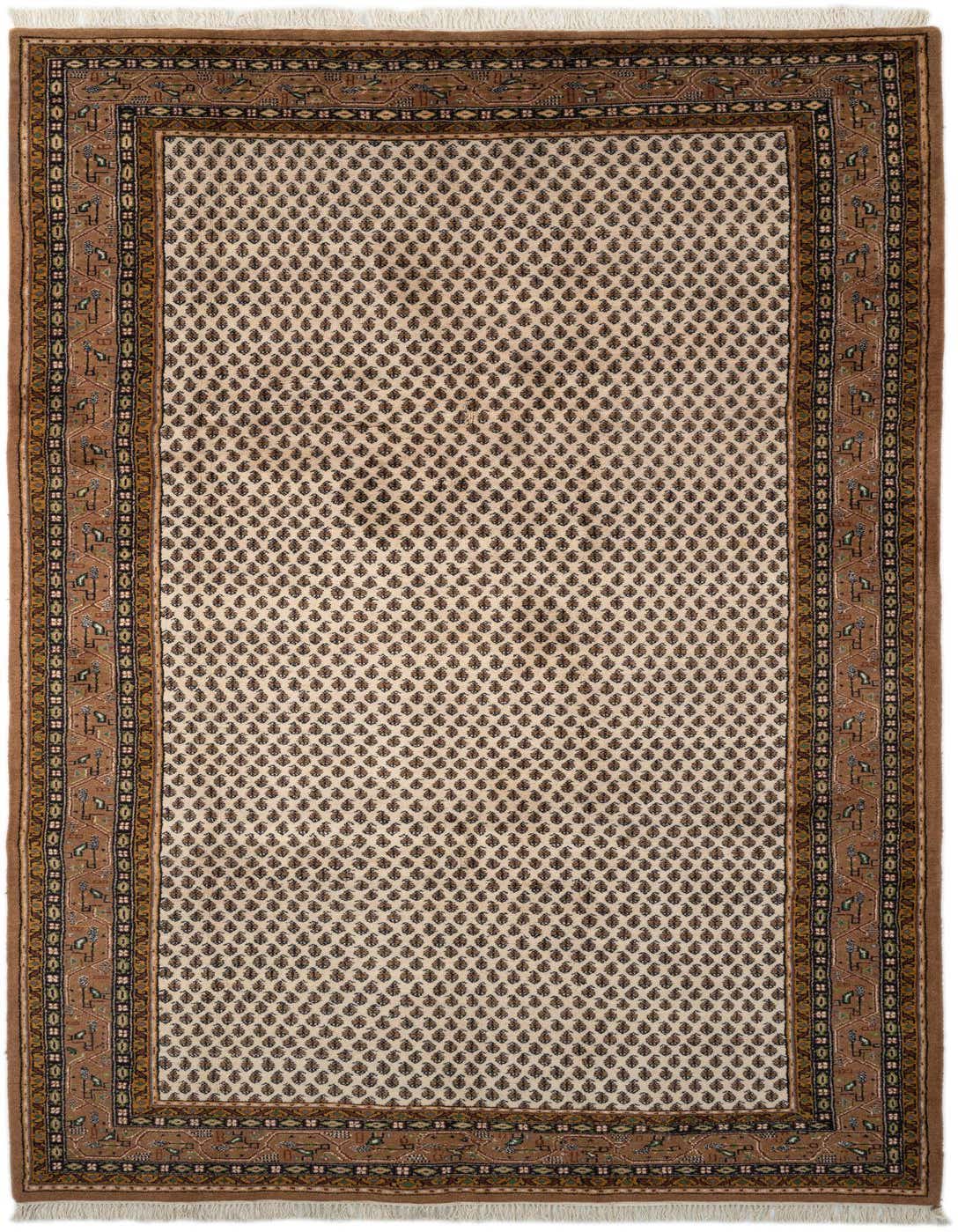A 12 ft runner rug in ivory and brown with a traditional Oriental pattern, featuring a field of small repeating motifs and an ornate border.