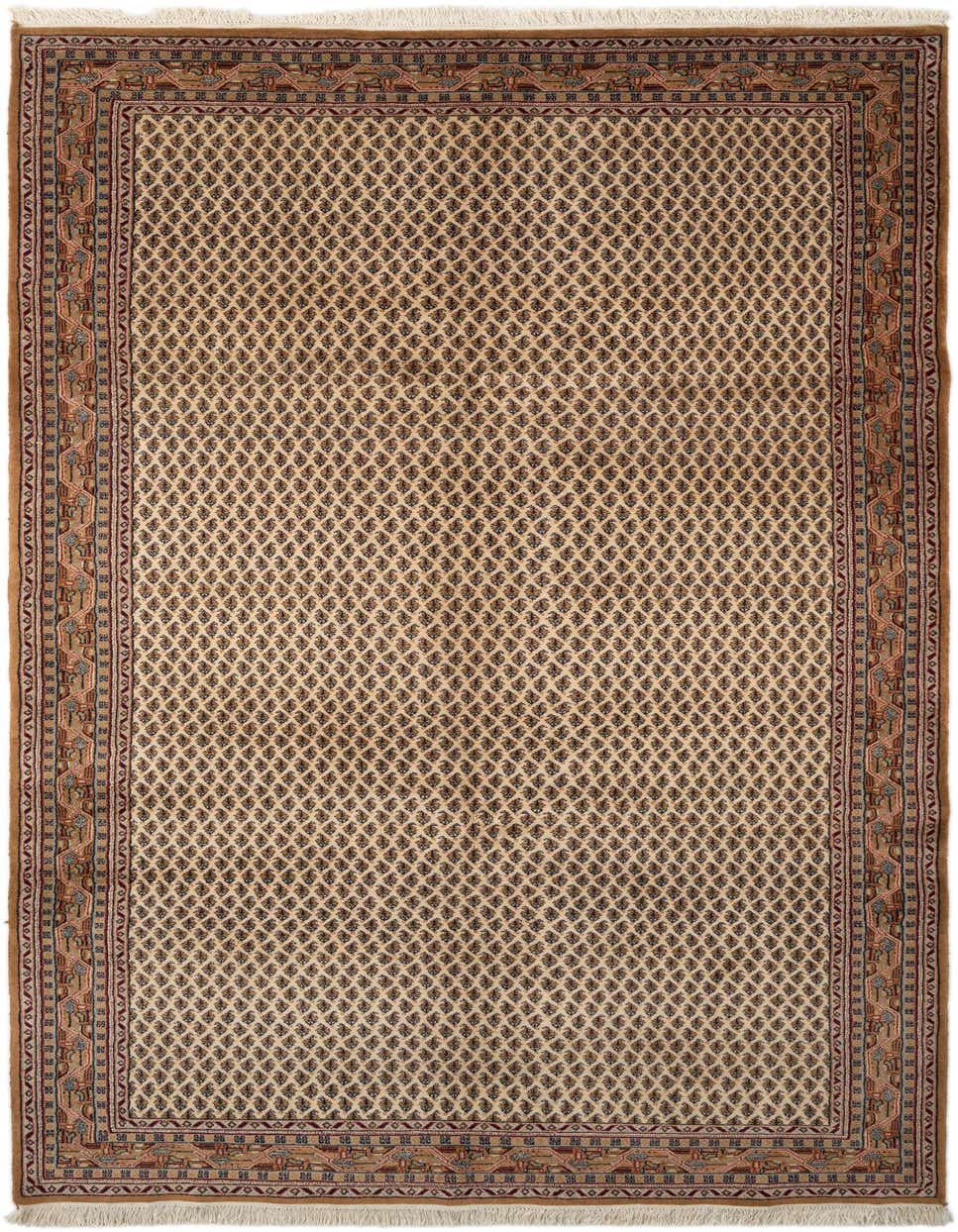 A 12 ft runner rug in ivory and cream with a detailed oriental pattern and a brown border, suitable for a hallway.