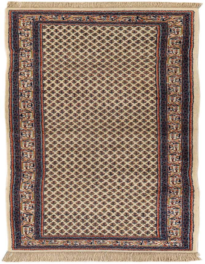 An 8 ft ivory runner rug with a traditional Oriental pattern, featuring a repeating diamond motif and a detailed border.