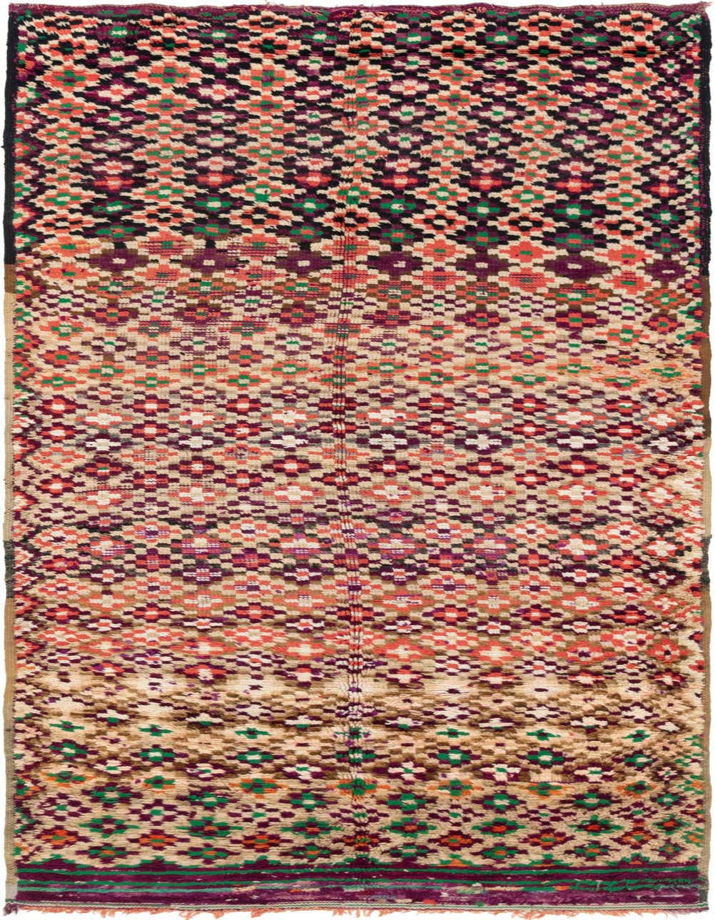 A handmade 11 ft Moroccan runner rug with a tribal geometric pattern in ivories, creams, whites, and multi-color accents.