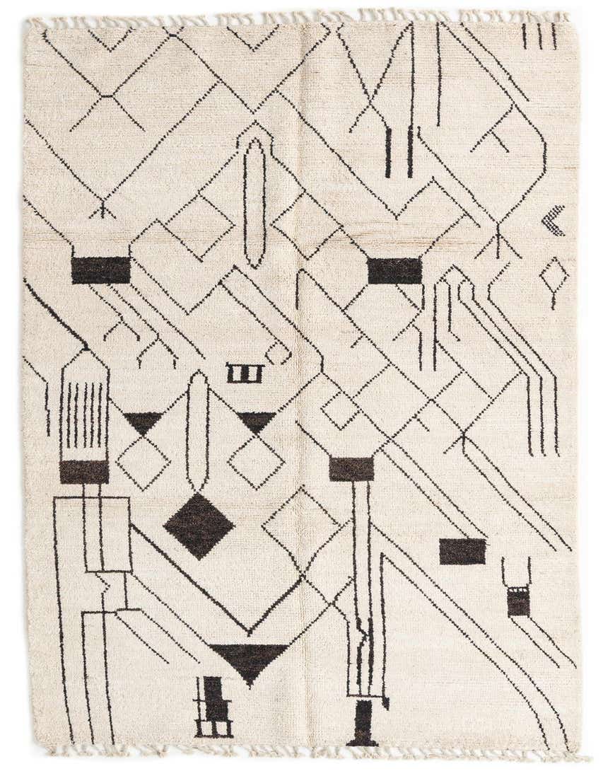A 12 ft runner rug in ivory wool with a modern tribal abstract pattern in black lines and solid shapes.