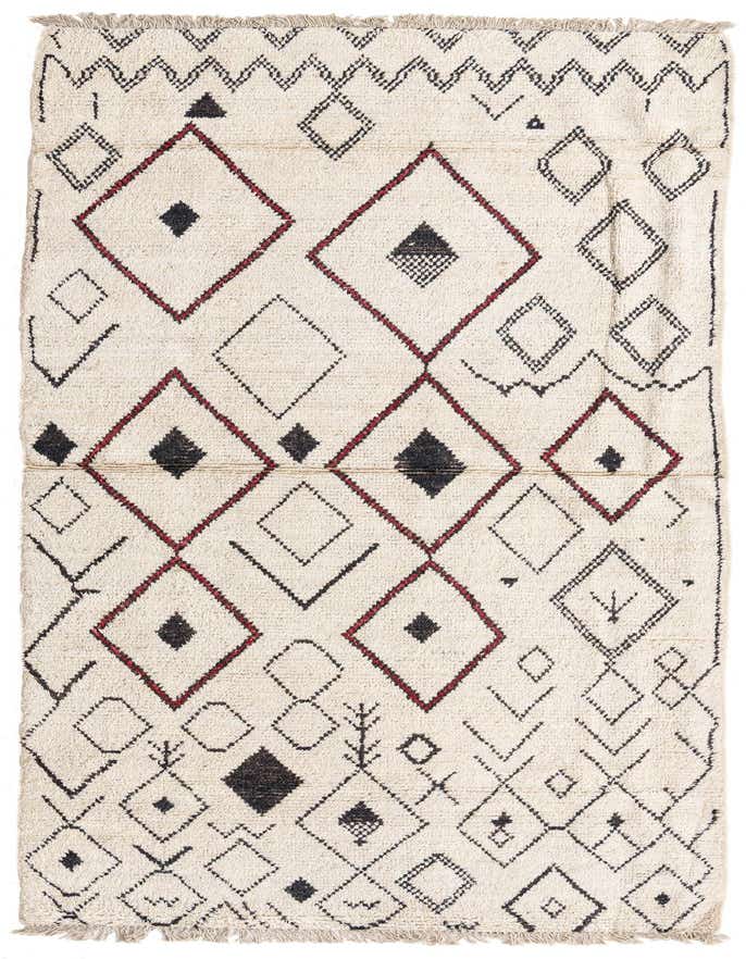 A 12 ft runner rug with an ivory and cream background, featuring a tribal geometric pattern of black and red diamonds and abstract shapes.