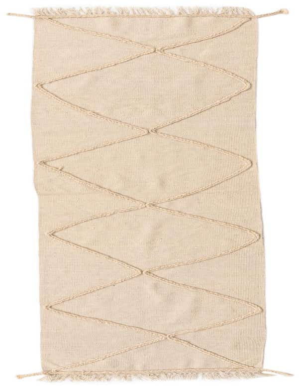 A 10 ft cream wool runner rug with a tribal diamond pattern and fringed ends, ideal for a hallway.