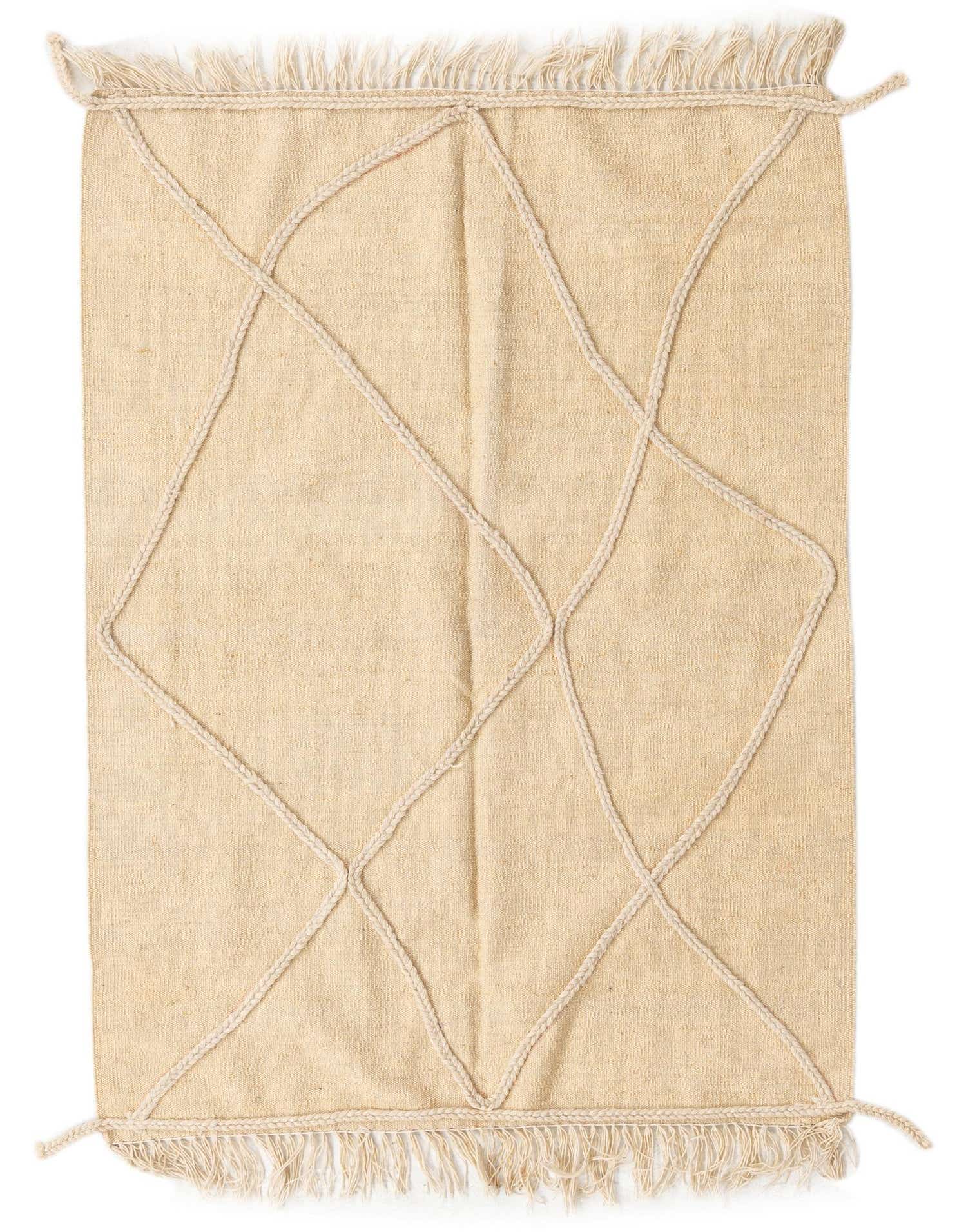 A 5 Ft runner rug in ivory wool, featuring a tribal diamond pattern made of braided ropes and fringed ends.