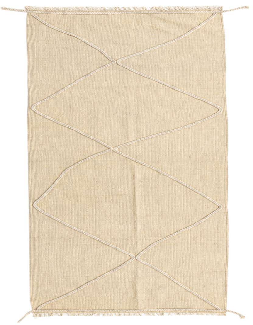 An 8 ft ivory wool runner rug with a raised white braided diamond pattern and fringed ends, ideal for a hallway.