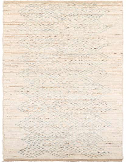 A 16 ft ivory wool runner rug with a tribal diamond pattern in light blue and brown, ideal for a hallway.
