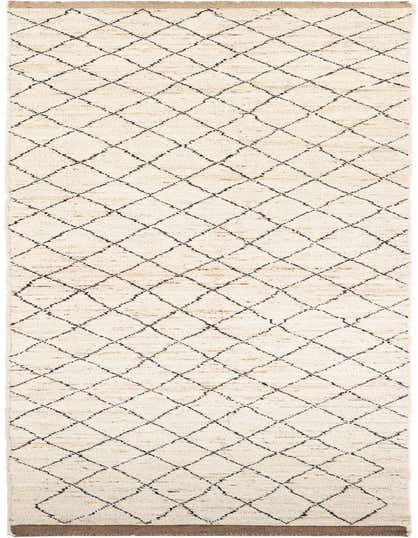 A 16 ft runner rug from the Rugs.com Moroccan collection, featuring an ivory shag pile with a black tribal diamond pattern, perfect for a hallway.