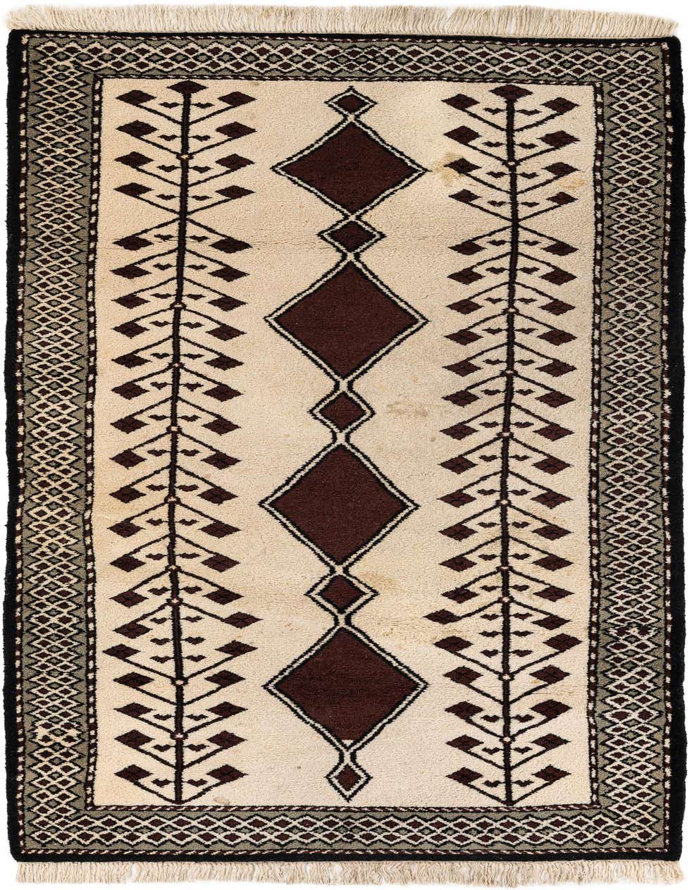 A 7 ft runner rug in ivory and brown with a tribal pattern, featuring diamond and tree-like motifs, suitable for a hallway.