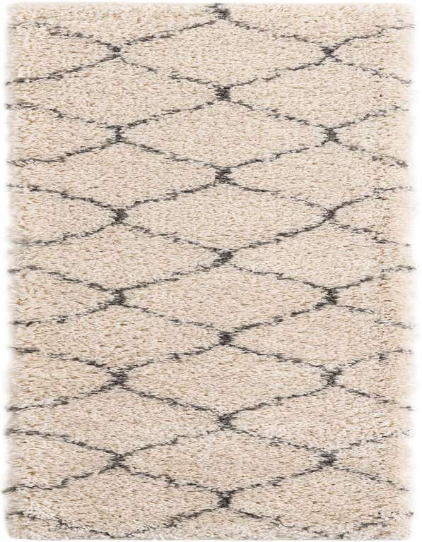 A 7 ft runner rug from the Rugs.com Moroccan Shag collection, featuring an ivory shag pile with a charcoal trellis pattern, ideal for a hallway.