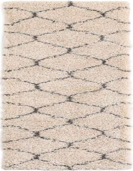 An 8 ft ivory runner rug with a gray trellis pattern, featuring a plush shag pile, perfect for a hallway.