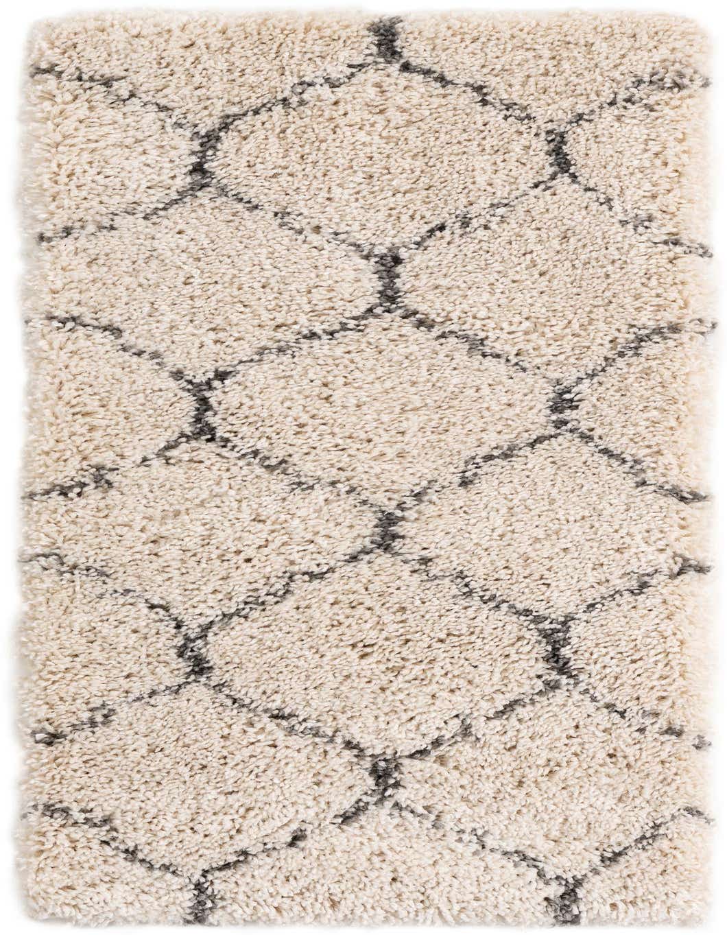 A 4 ft ivory runner rug with a textured shag pile and a dark gray trellis pattern, perfect for a hallway.